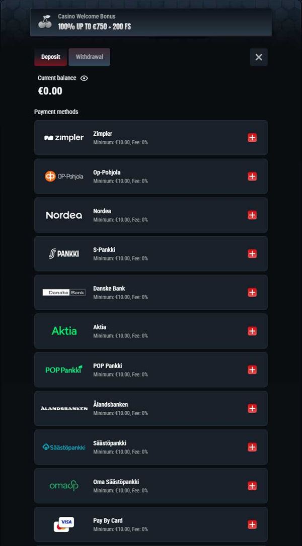 Glorion deposit screen — payment methods and amount