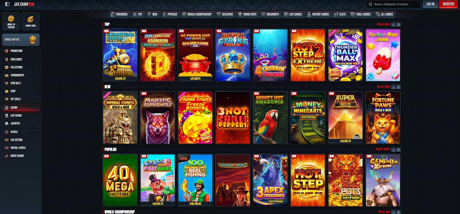 Glorion Casino game lobby — Top, New and Popular slots with jackpots