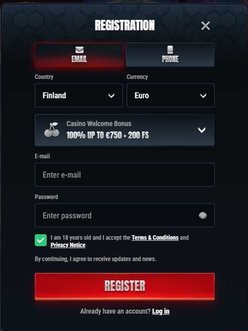 Glorion registration form — email, password and welcome bonus selection